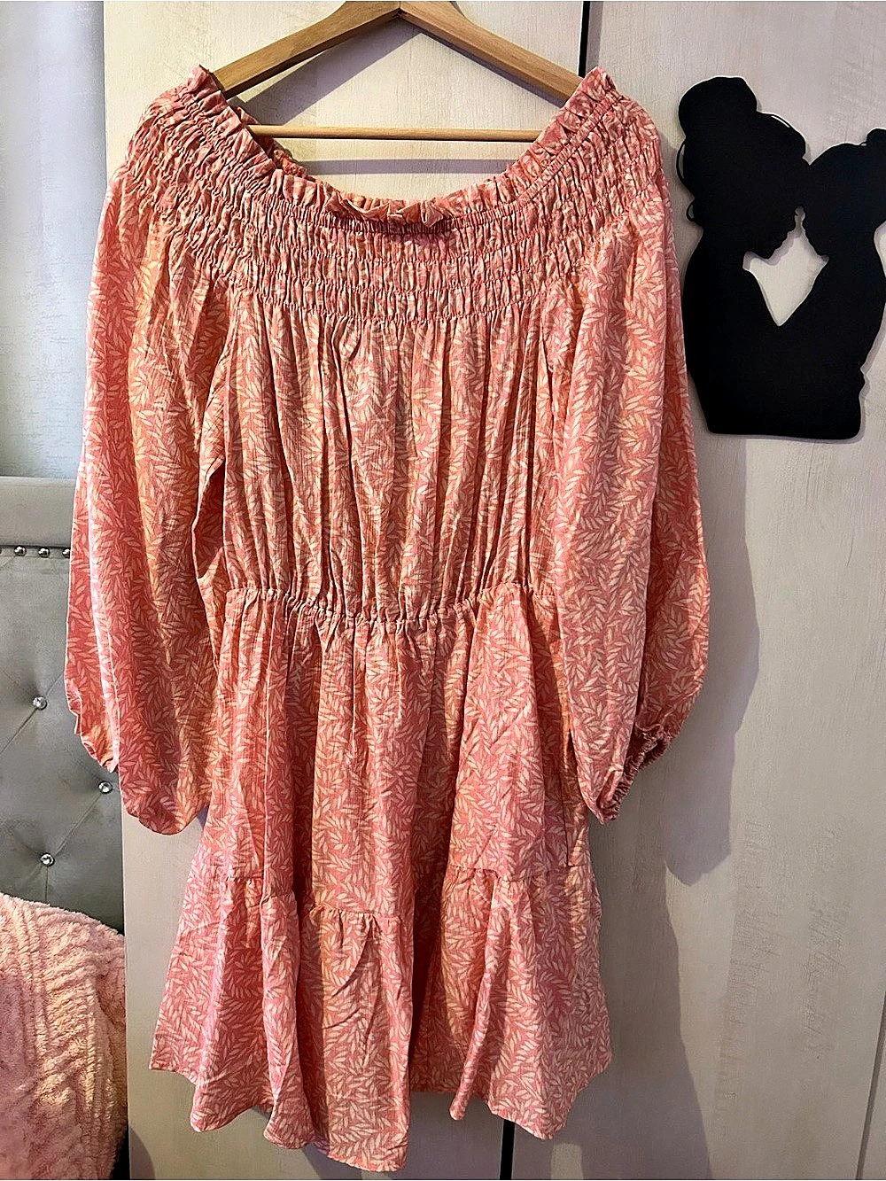 H&M Off-the-shoulder Dress Pink Abstract Mini Size S 15NWT